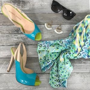 Audrey Brooke color block blue/green heels